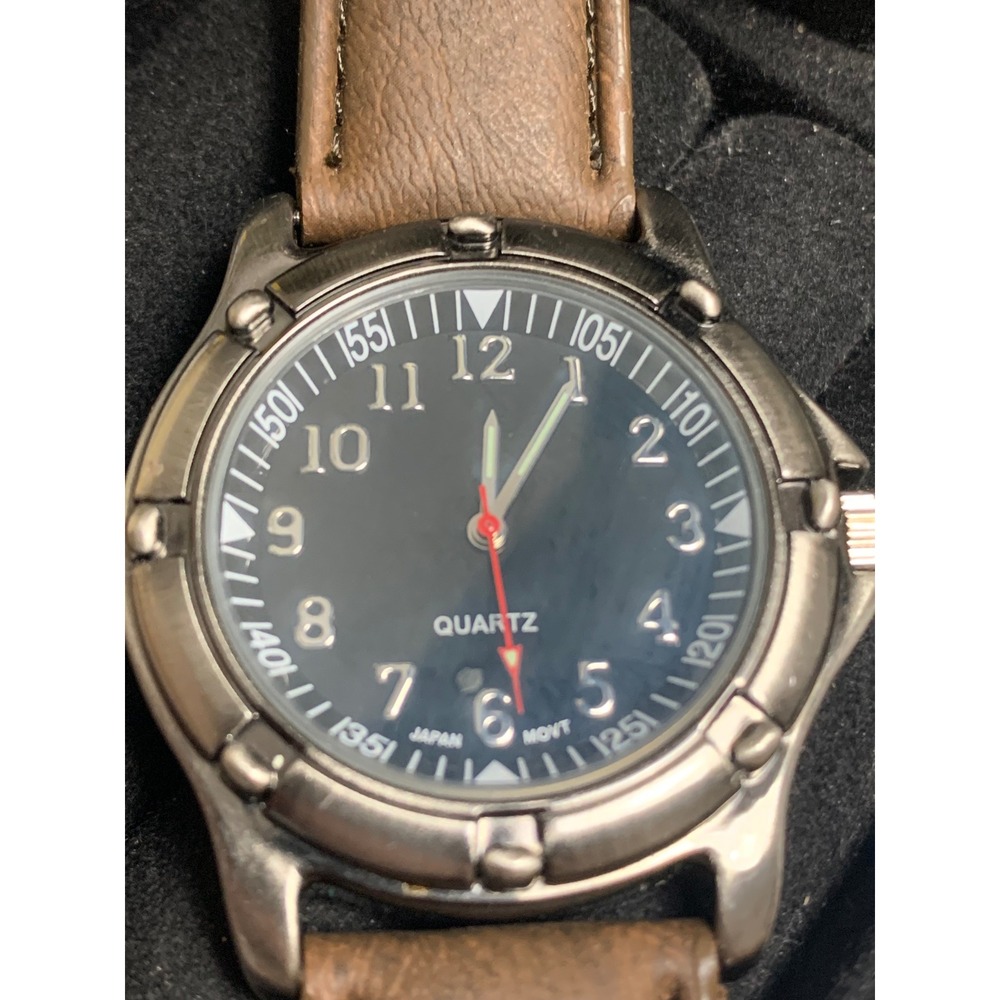 Mens Quartz Watch Black Dial Brown Strap Japan Movt 30M Water Resistant 4126-05